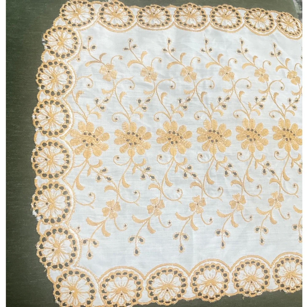 Vtg Embroidered Dresser Scarf Table Runner Ecru Eyelet  16x28 gold Yellow Floral